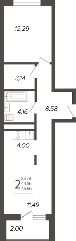 Планировка 2-комнатная 48,6 м²