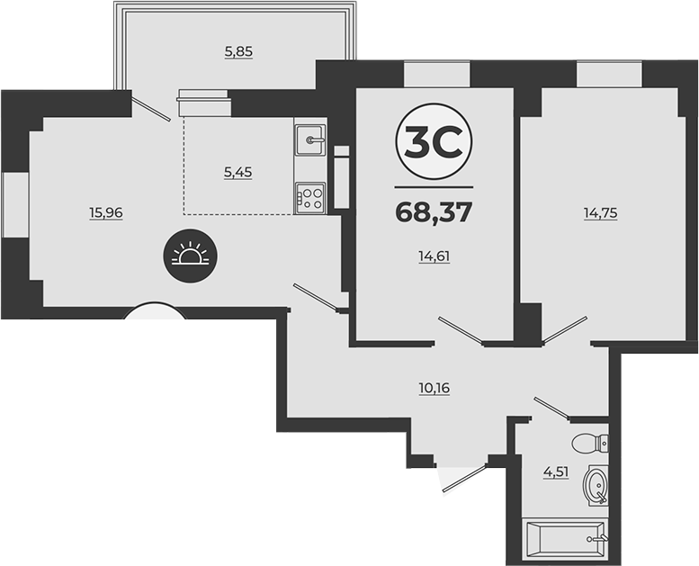 Планировка 3-комнатная 67,84 м²
