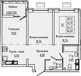 Планировка 3-комнатная 54,11 м²