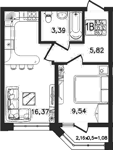 Планировка: 2-комн. квартира 36,2 м²