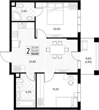 Планировка 3-комнатная 54,6 м²