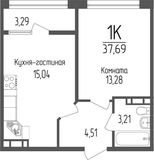 Планировка 1-комнатная 37,69 м²