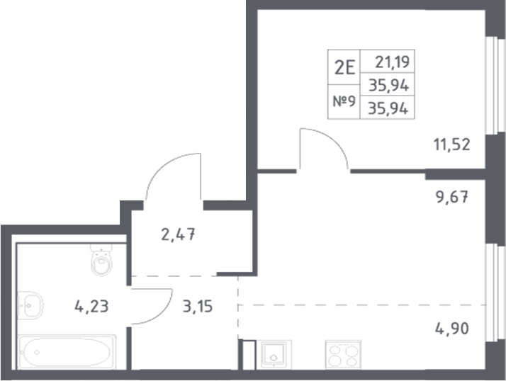 Планировка 2-комнатная 35,94 м²