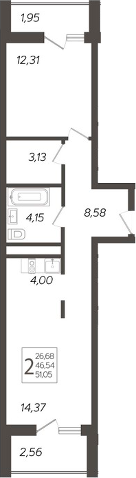 Планировка 2-комнатная 51,05 м²