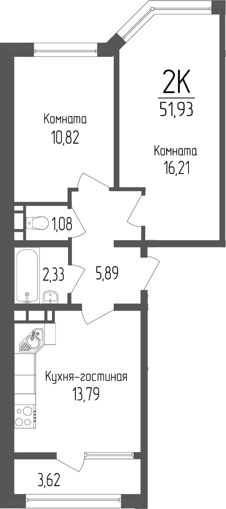 Планировка 2-комнатная 51,93 м²