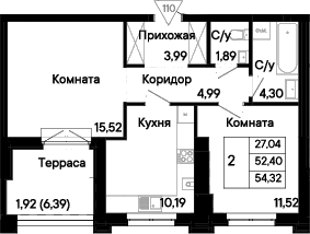 Планировка 2-комнатная 54,32 м²