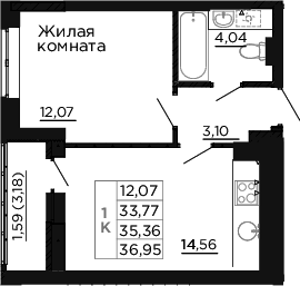 Планировка 1-комнатная 35,36 м²