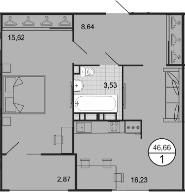 Планировка 2-комнатная 53,58 м²