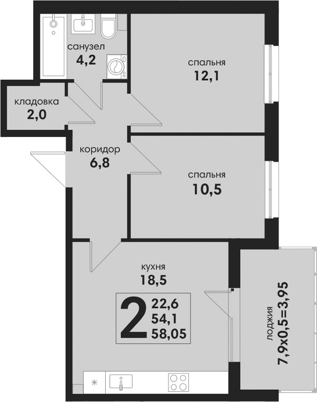 Планировка 3-комнатная 58,05 м²
