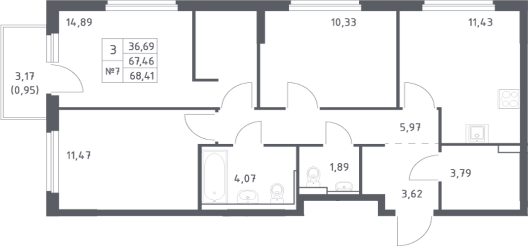 Планировка 3-комнатная 68,41 м²
