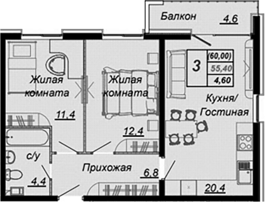 Планировка 2-комнатная 60 м²