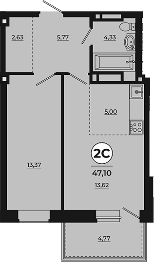 Планировка 2-комнатная 46,8 м²
