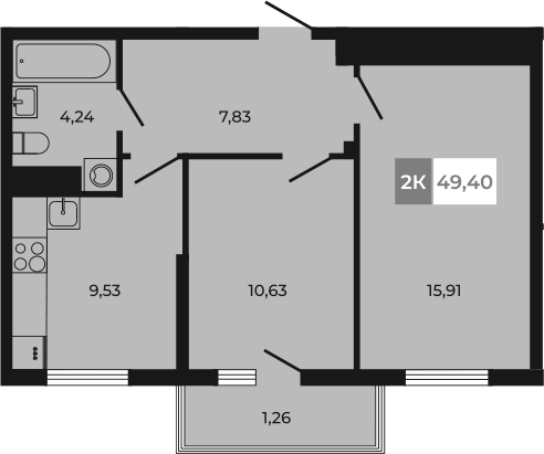 Планировка 2-комнатная 49,4 м²
