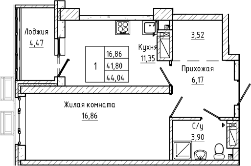 Планировка 1-комнатная 44,04 м²