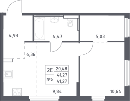 Планировка 2-комнатная 41,27 м²