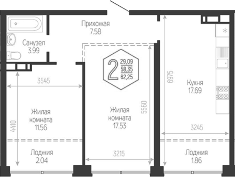 Планировка 2-комнатная 62,25 м²