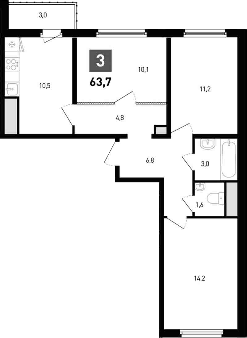 Планировка 3-комнатная 63,7 м²