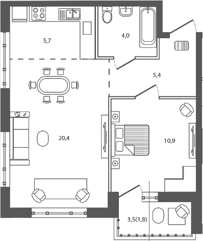 Планировка: 2-комн. квартира 48,2 м²