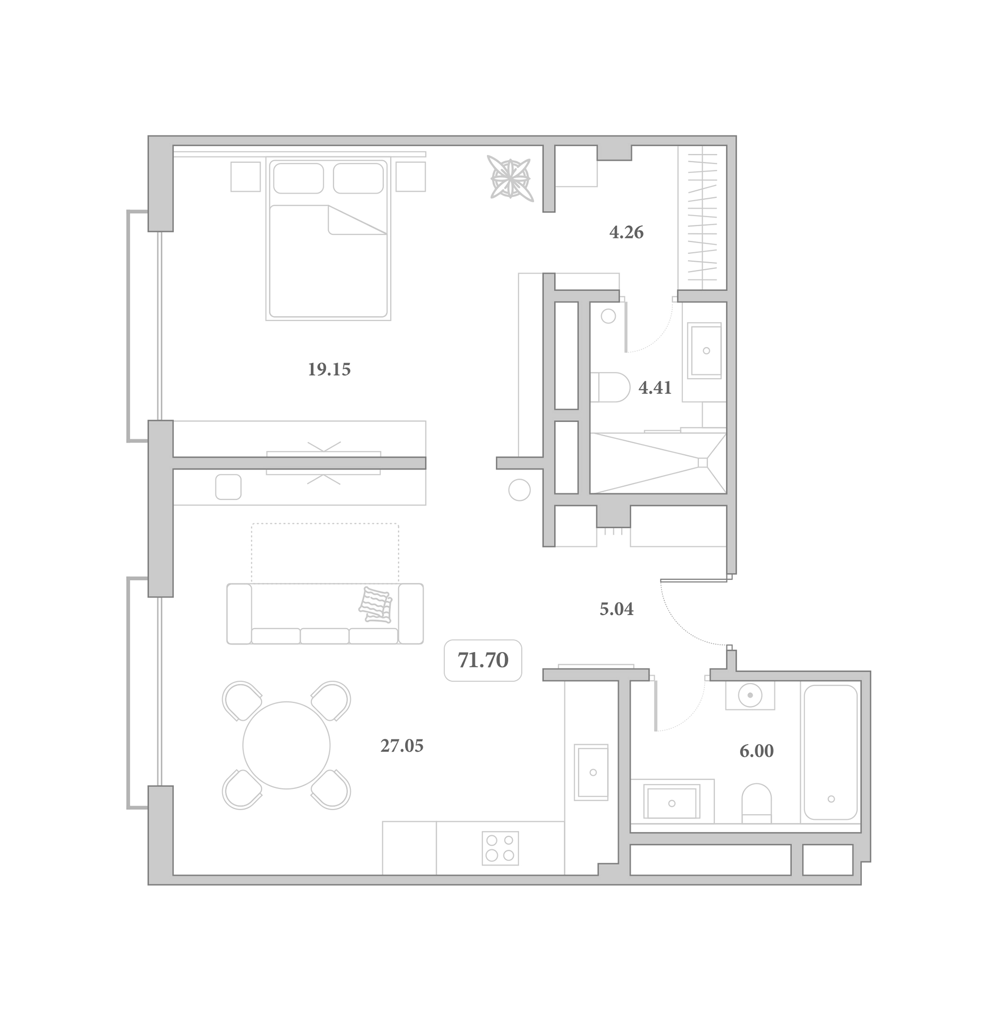 Планировка 2-комнатная 71,7 м²