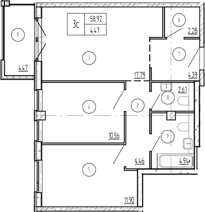 Планировка 2-комнатная 58,92 м²