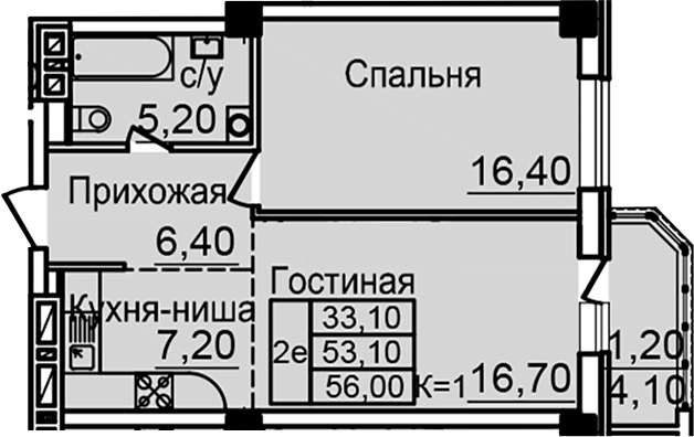 Планировка 2-комнатная 53,1 м²