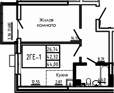 Планировка 2-комнатная 44 м²