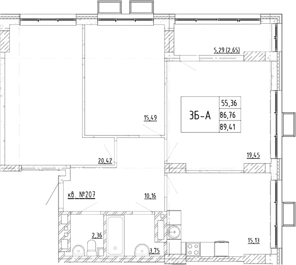 Планировка 3-комнатная 89,41 м²