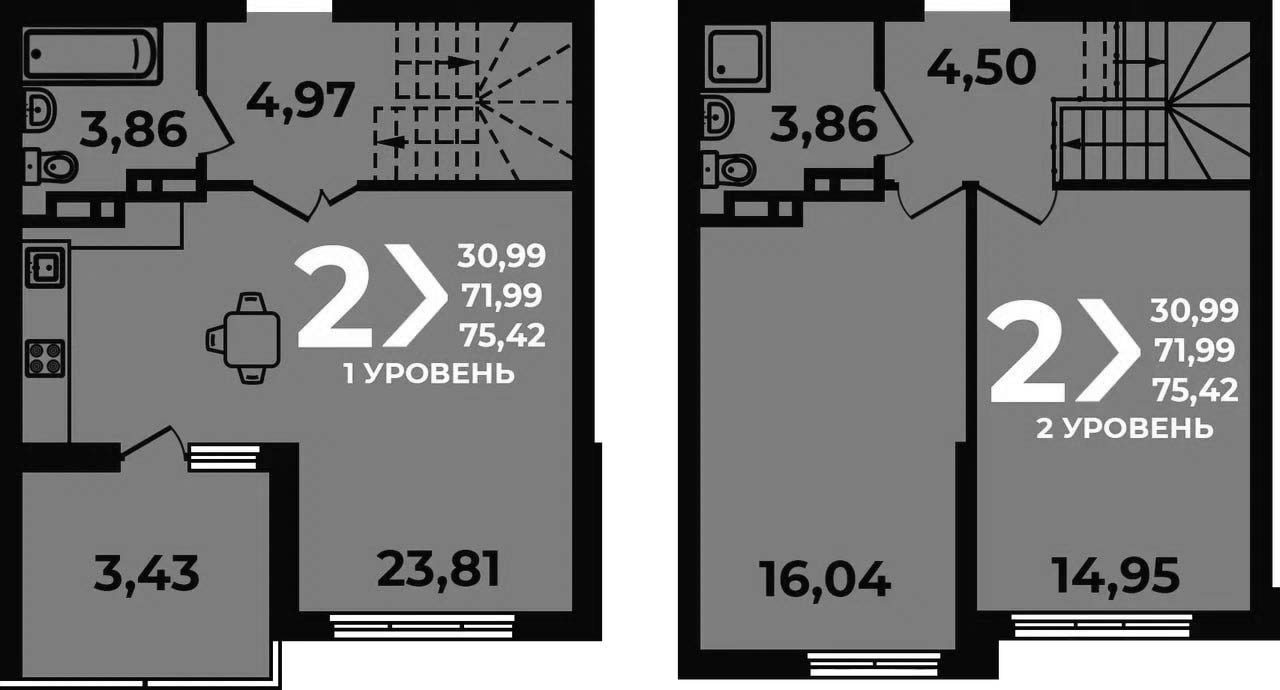Планировка 3-комнатная 75,42 м²