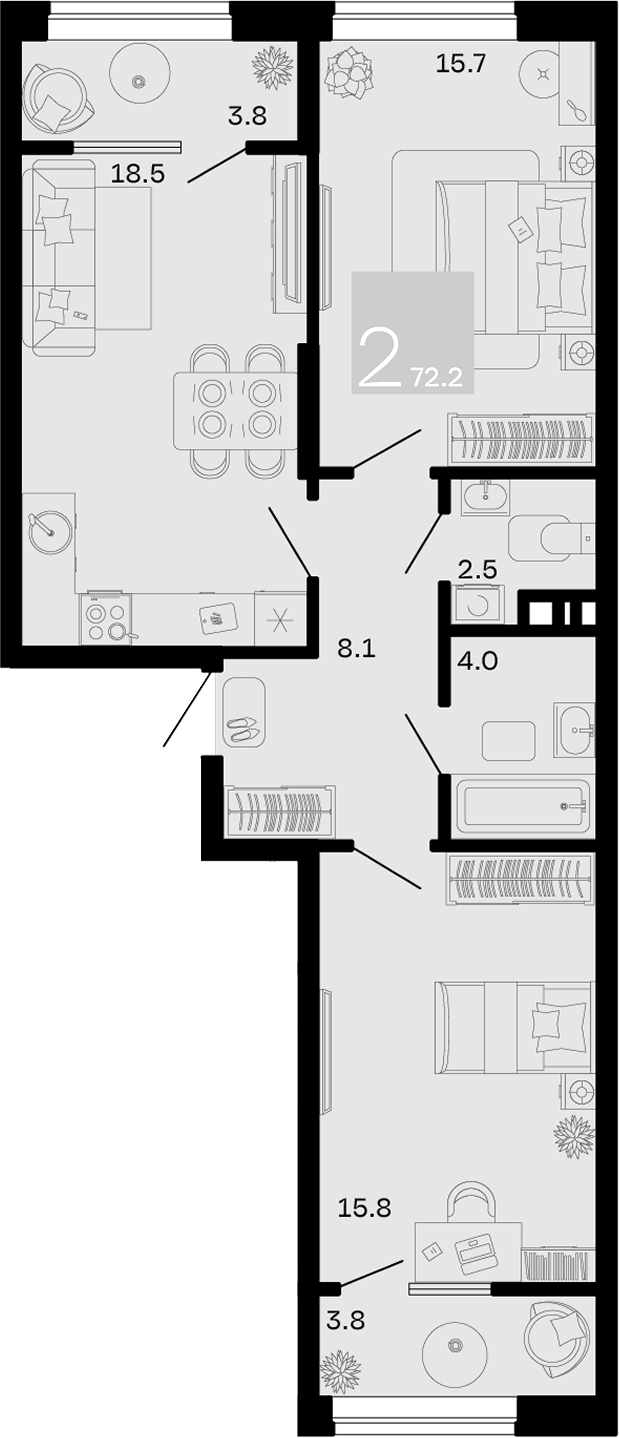 Планировка 2-комнатная 72,2 м²