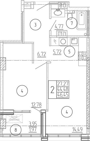 Планировка 2-комнатная 46,45 м²