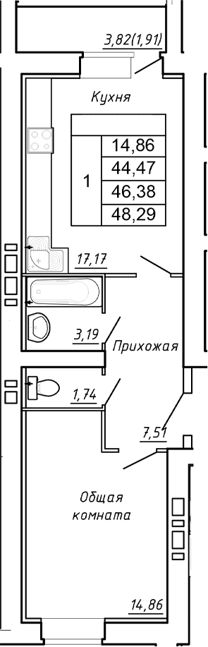 Планировка 1-комнатная 48,29 м²
