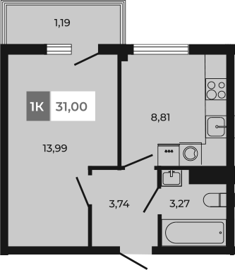 Планировка 1-комнатная 31 м²