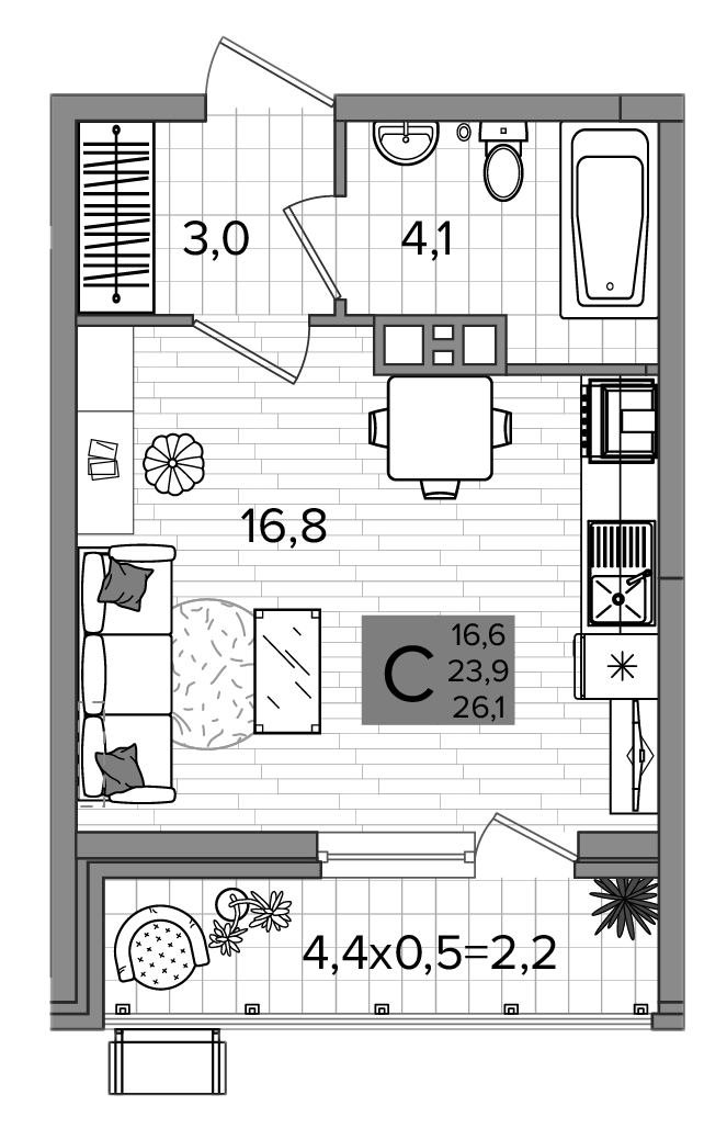 Планировка Студия 25,55 м²