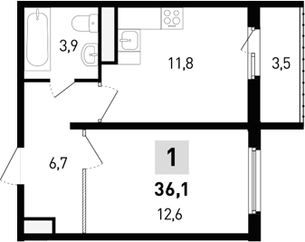 Планировка 1-комнатная 36,1 м²