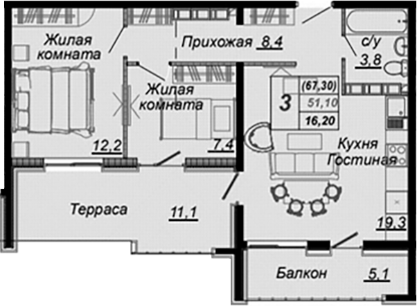Планировка 2-комнатная 64,8 м²