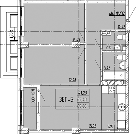 Планировка 3-комнатная 65 м²