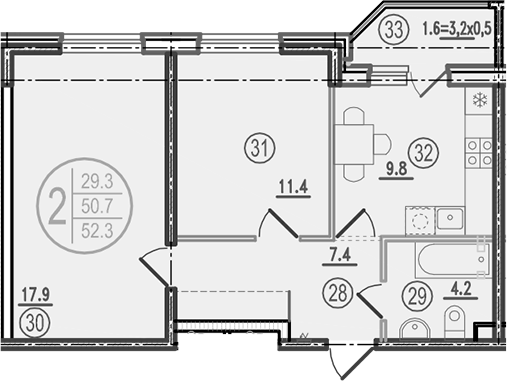 Планировка 2-комнатная 52,3 м²