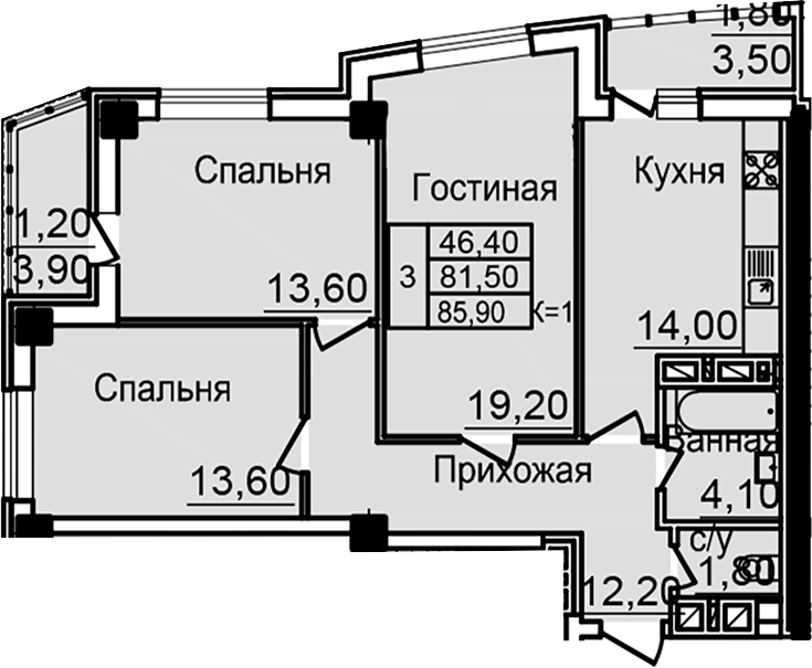 Планировка 3-комнатная 81,5 м²