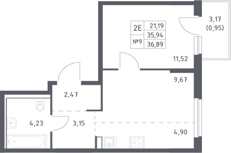Планировка 2-комнатная 36,89 м²