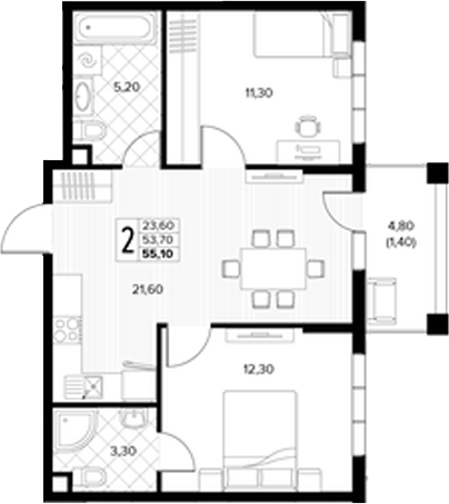 Планировка 3-комнатная 55,1 м²