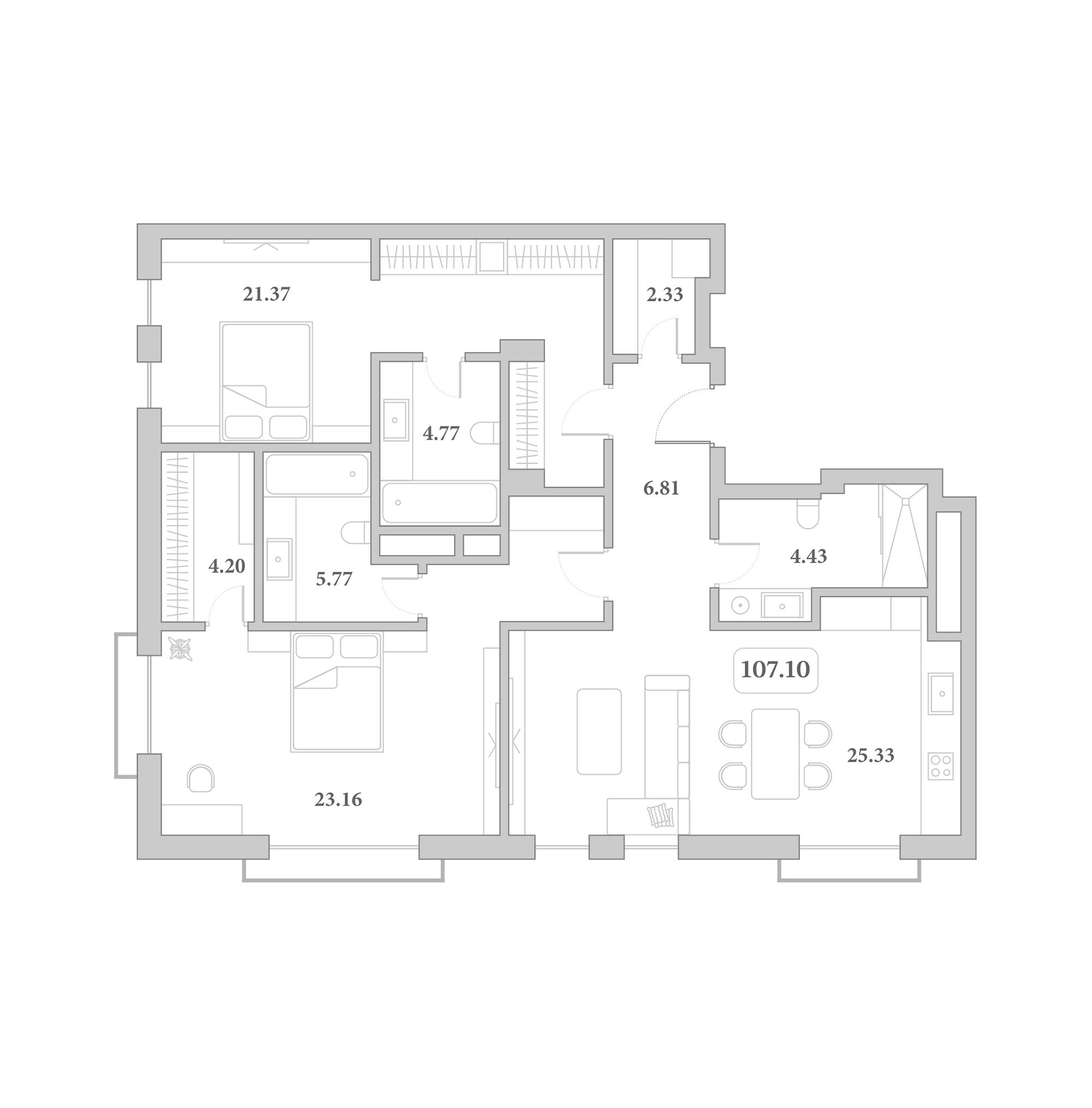 Планировка 3-комнатная 107,1 м²