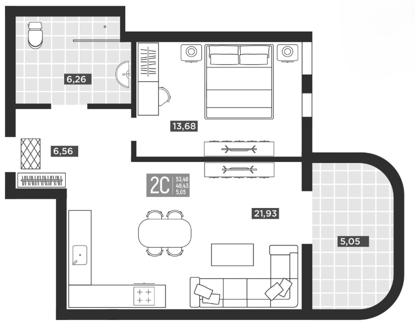 Планировка 1-комнатная 53,48 м²