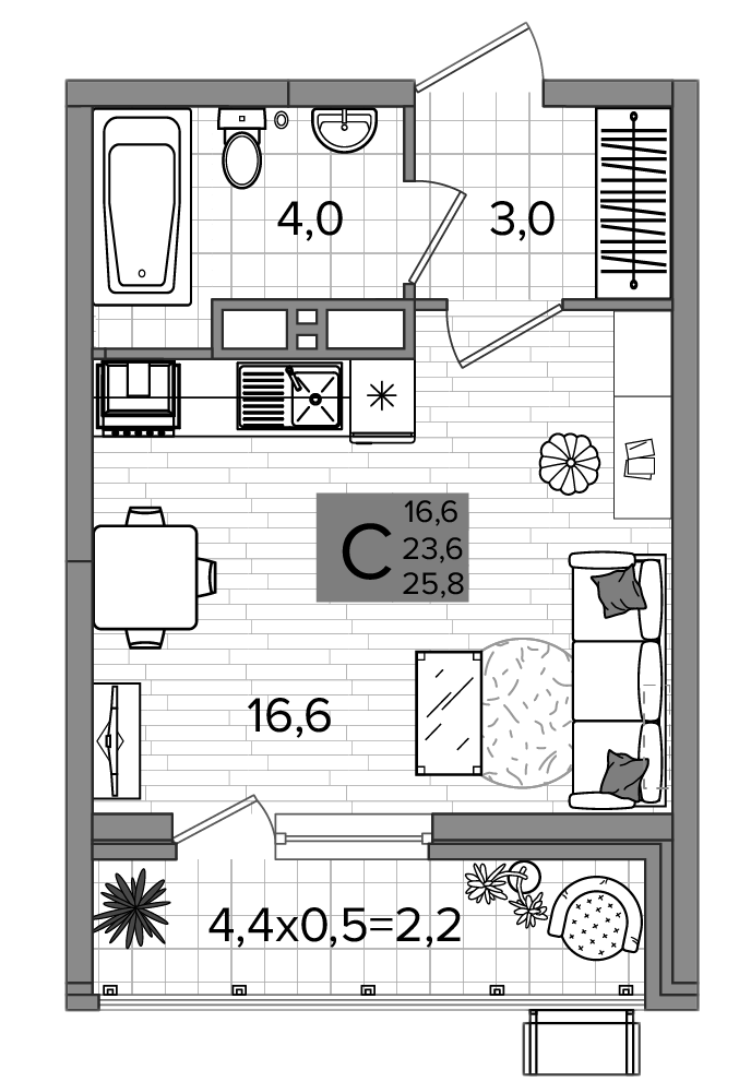 Планировка Студия 25,45 м²