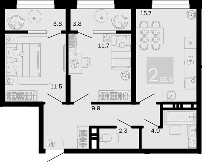 Планировка 2-комнатная 63,6 м²