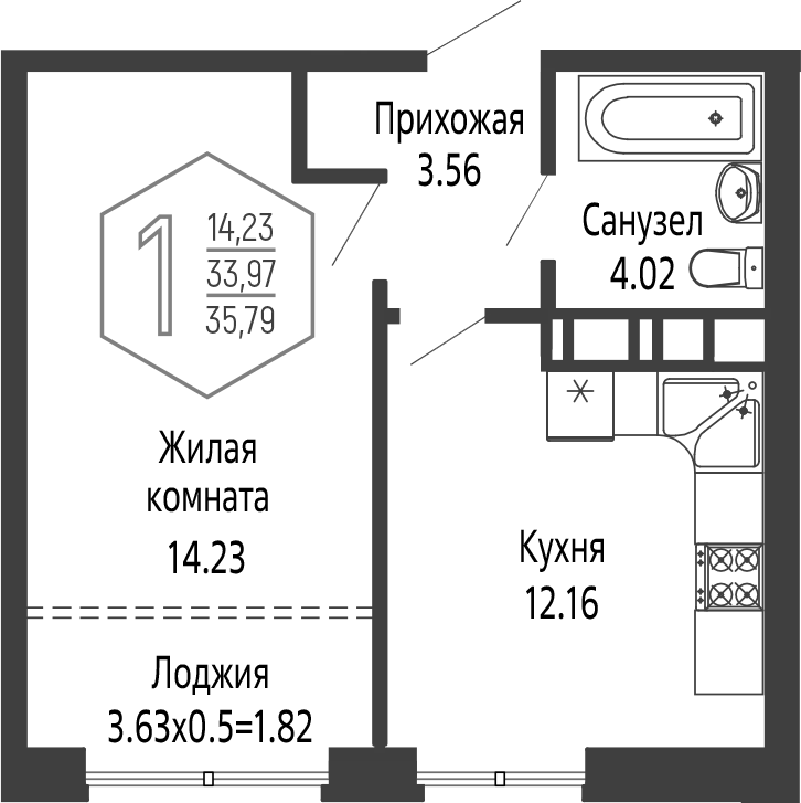 Планировка 1-комнатная 35,79 м²