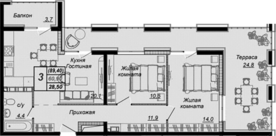 Планировка 2-комнатная 87 м²
