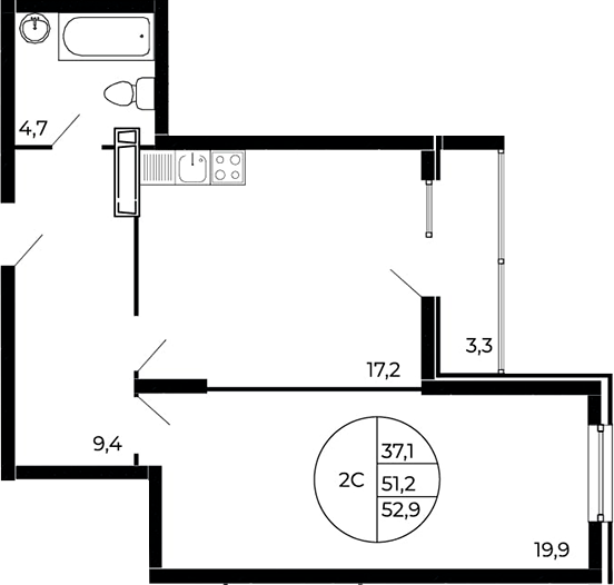 Планировка 2-комнатная 52,9 м²