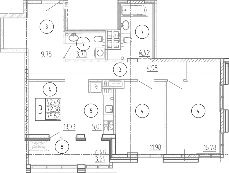 Планировка 3-комнатная 75,62 м²