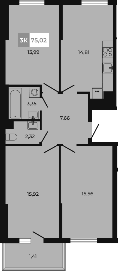 Планировка 3-комнатная 75,02 м²