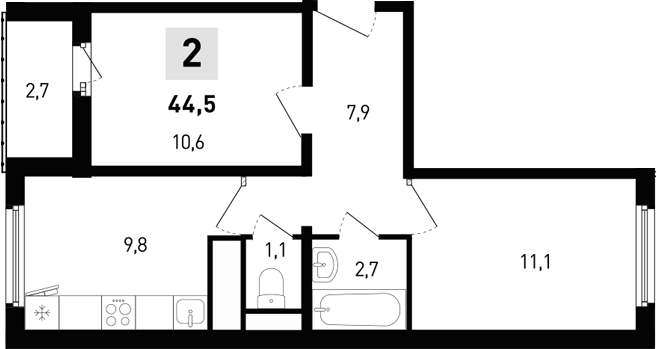 Планировка 2-комнатная 44,5 м²